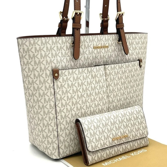 Michael Kors Medium Double Packet Tote Bag & Trifold Wallet Vanilla/Brown - Picture 1 of 13